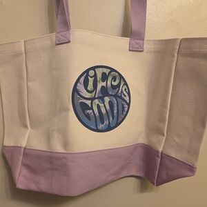 Life is Good tote bag. Beach bag Lavender and cream. New.